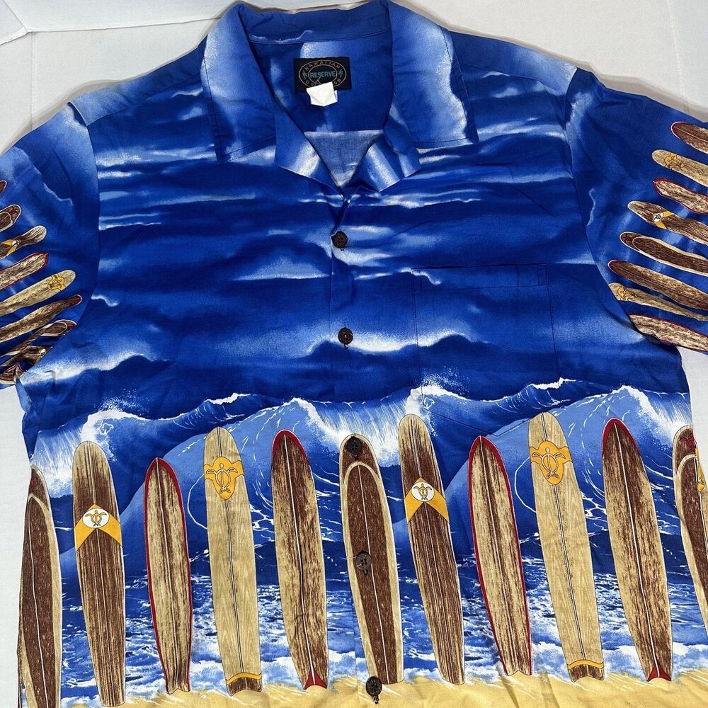 HAWAIIAN RESERVE COLLECTION Men's Blue Surfboard Graphic Button Up Shirt Large